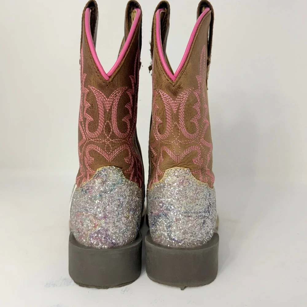 Smoky Mountain Boots Girls Silver Glitter Brown Leather Western Boots  Sz 11